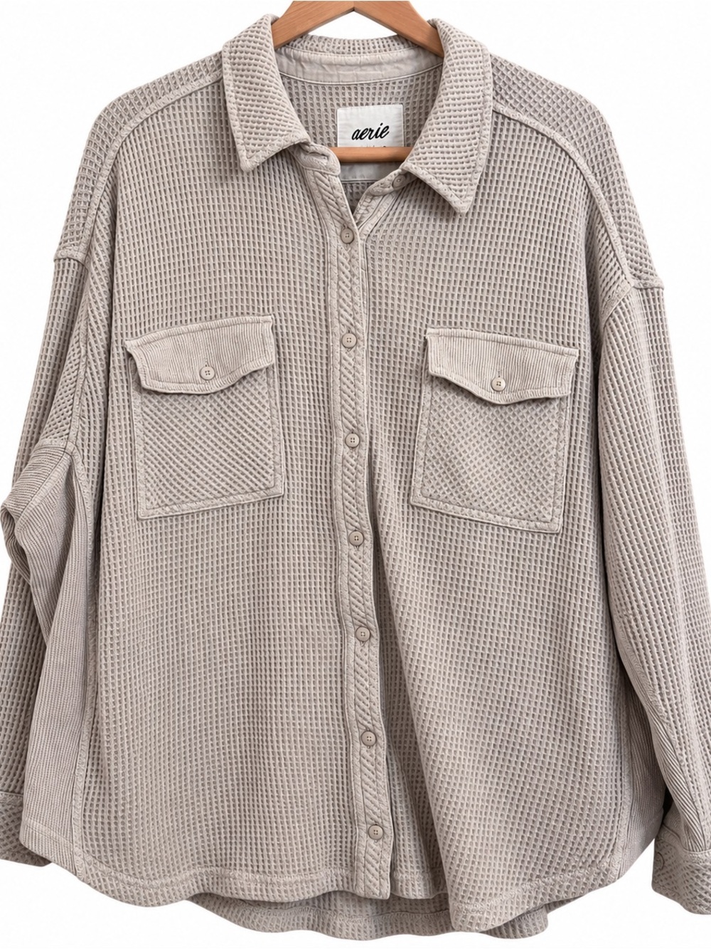 Aerie blouse Waffle Knit Large Taupe Gray Button Front Oversized Shirt cozy